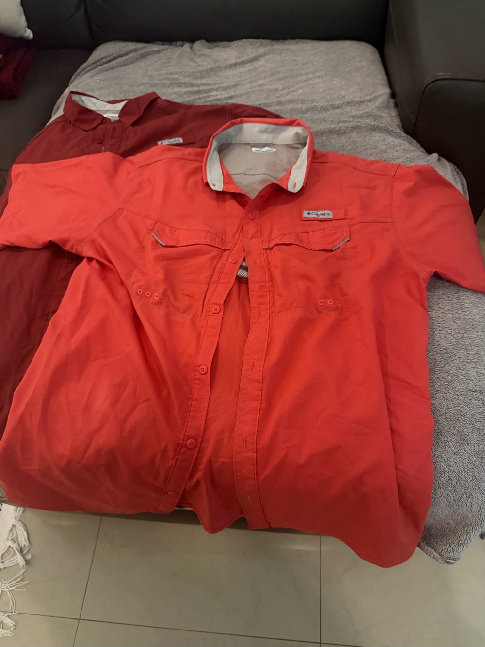 Lot of 2 Columbia Men's Orange-Red and Burgundy Short Sleeve Button Shirt